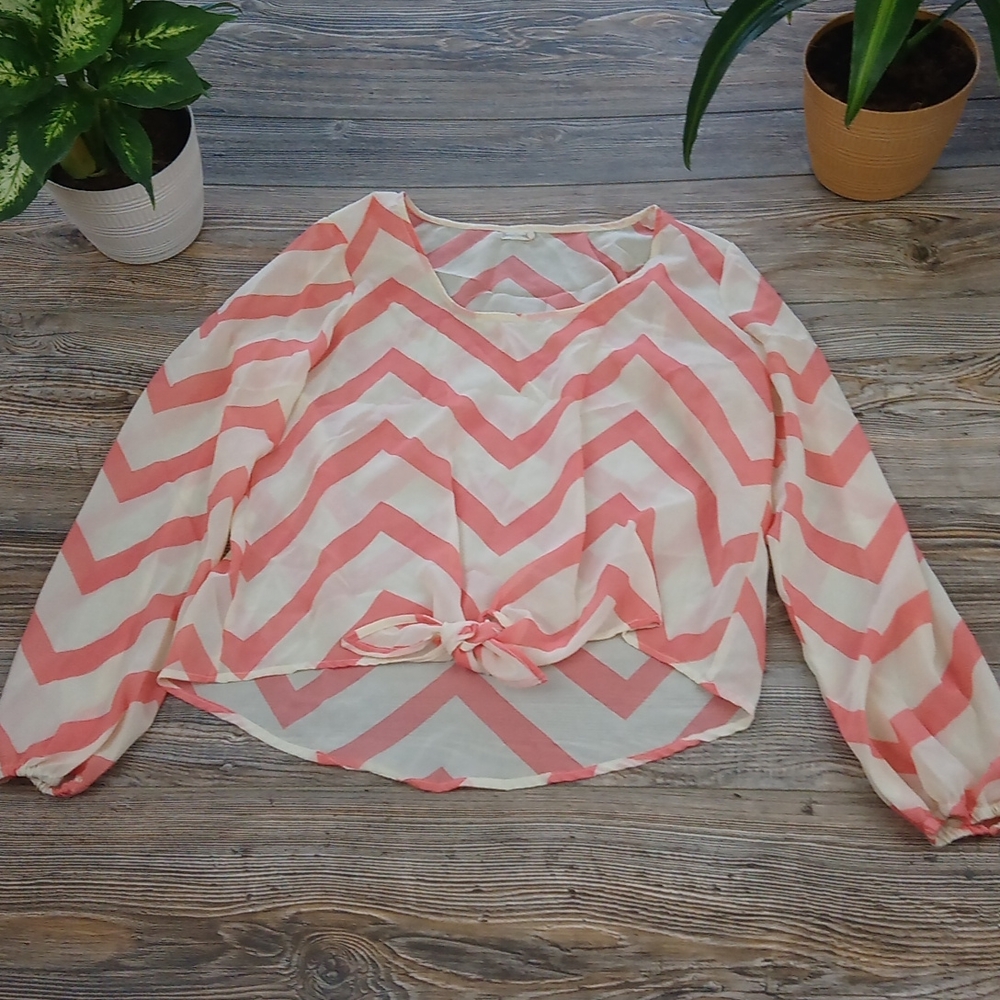 Chevron Semi Sheer Long Sleeve Tie Front Lightweight Blouse Top